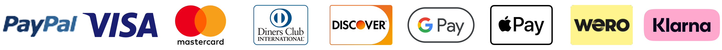Wir akzeptieren PayPal, Visa, Mastercard, Diners Club, Discover, Google Pay, Apple Pay, Wero und Klarna