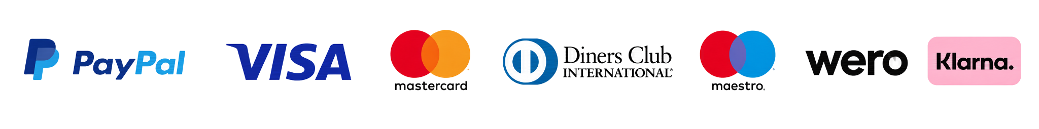 We accept PayPal, VISA, Mastercard, Diners Club, Maestro, Wero and Klarna